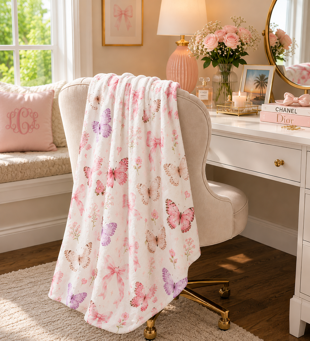 Pink Watercolor Butterflies Velveteen Plush Blanket | Floral Butterfly Pattern