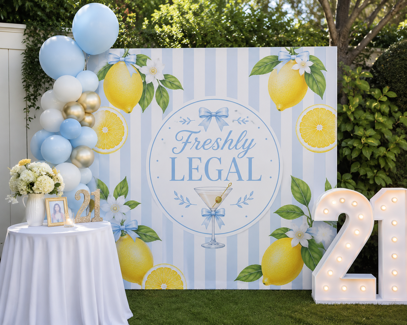 Freshly Legal Lemon Martini Indoor Wall Tapestry | Blue Stripes, Citrus Decor