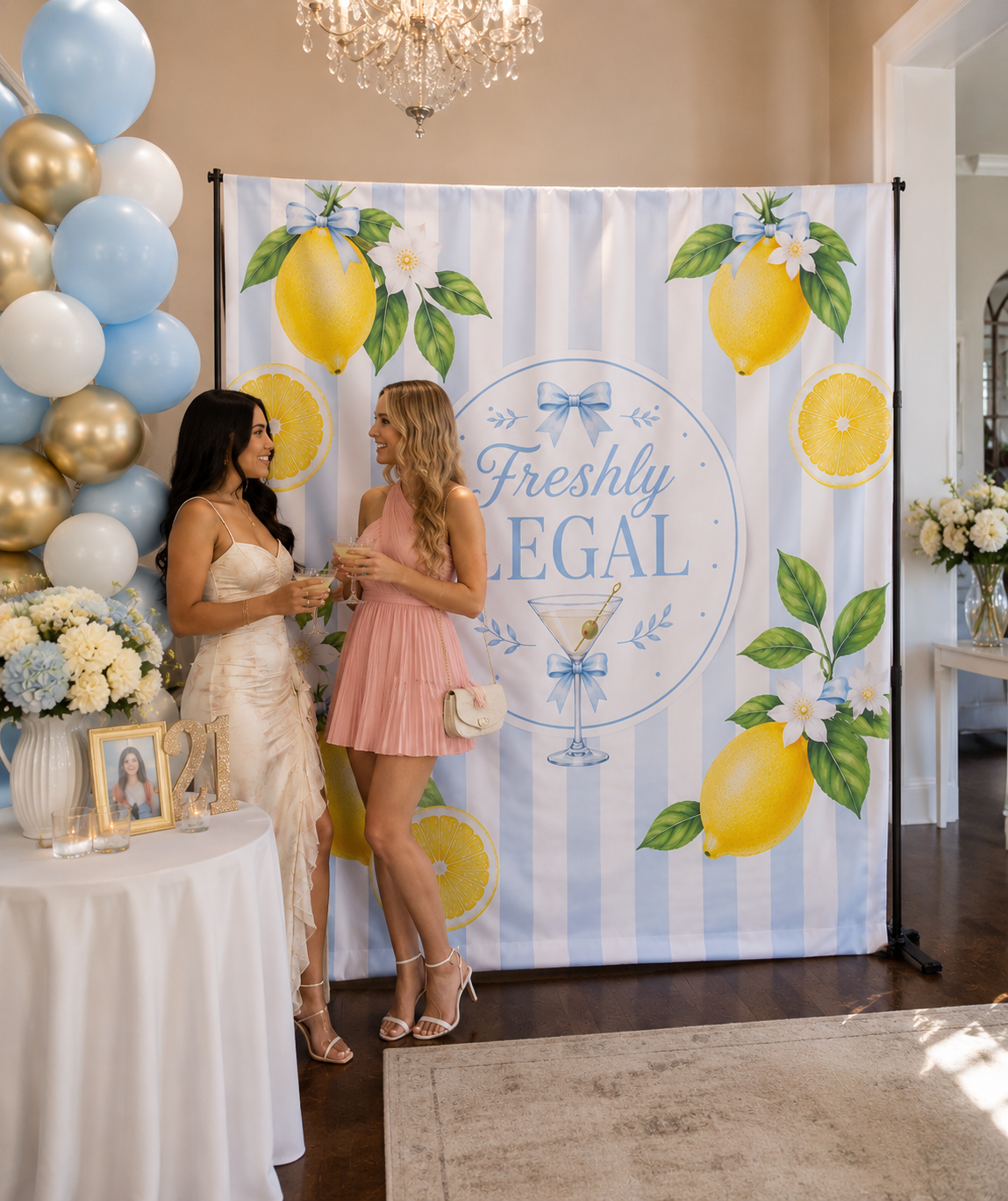 Freshly Legal Lemon Martini Indoor Wall Tapestry | Blue Stripes, Citrus Decor