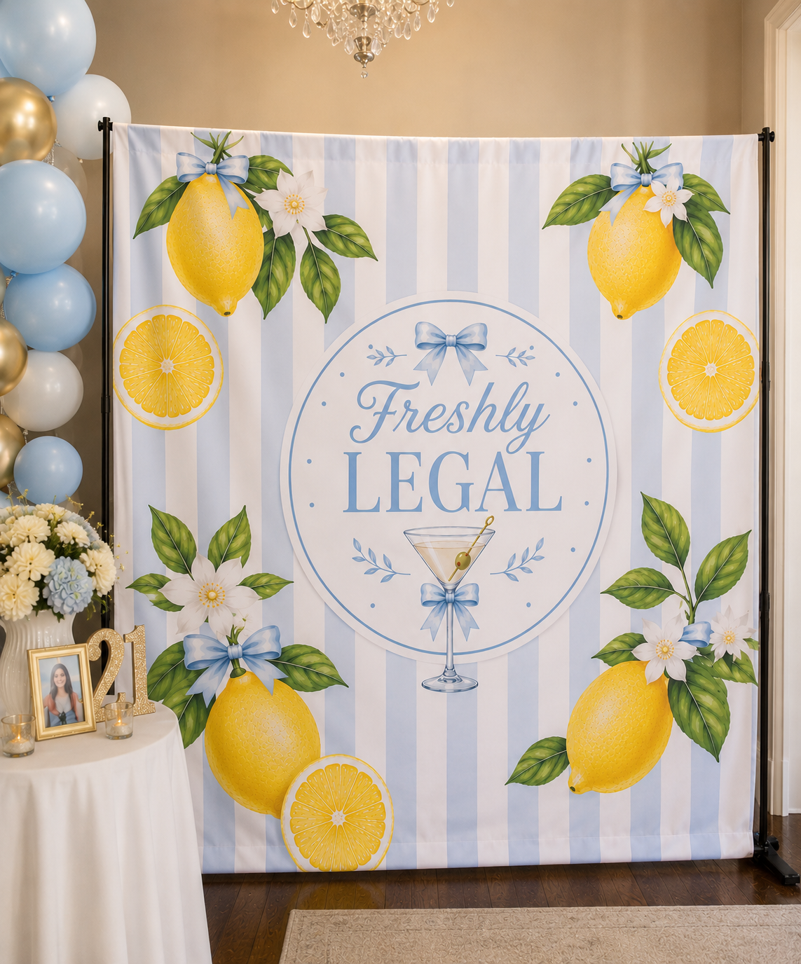 Freshly Legal Lemon Martini Indoor Wall Tapestry | Blue Stripes, Citrus Decor
