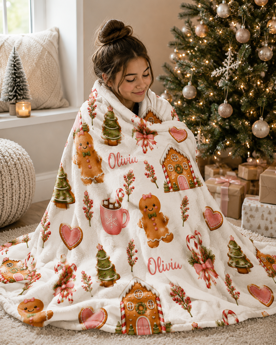 Gingerbread Cookies Velveteen Plush Blanket | Personalized Name Pattern