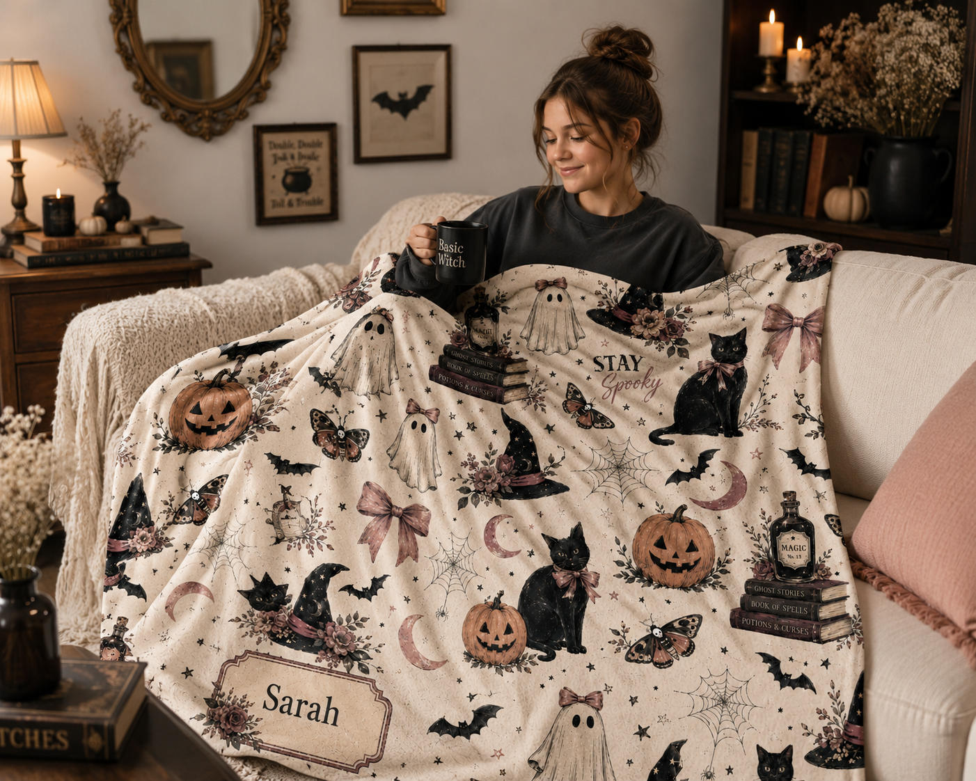 Personalized Vintage Halloween Blanket – Spooky Cute Ghost & Black Cat Fall Blanket