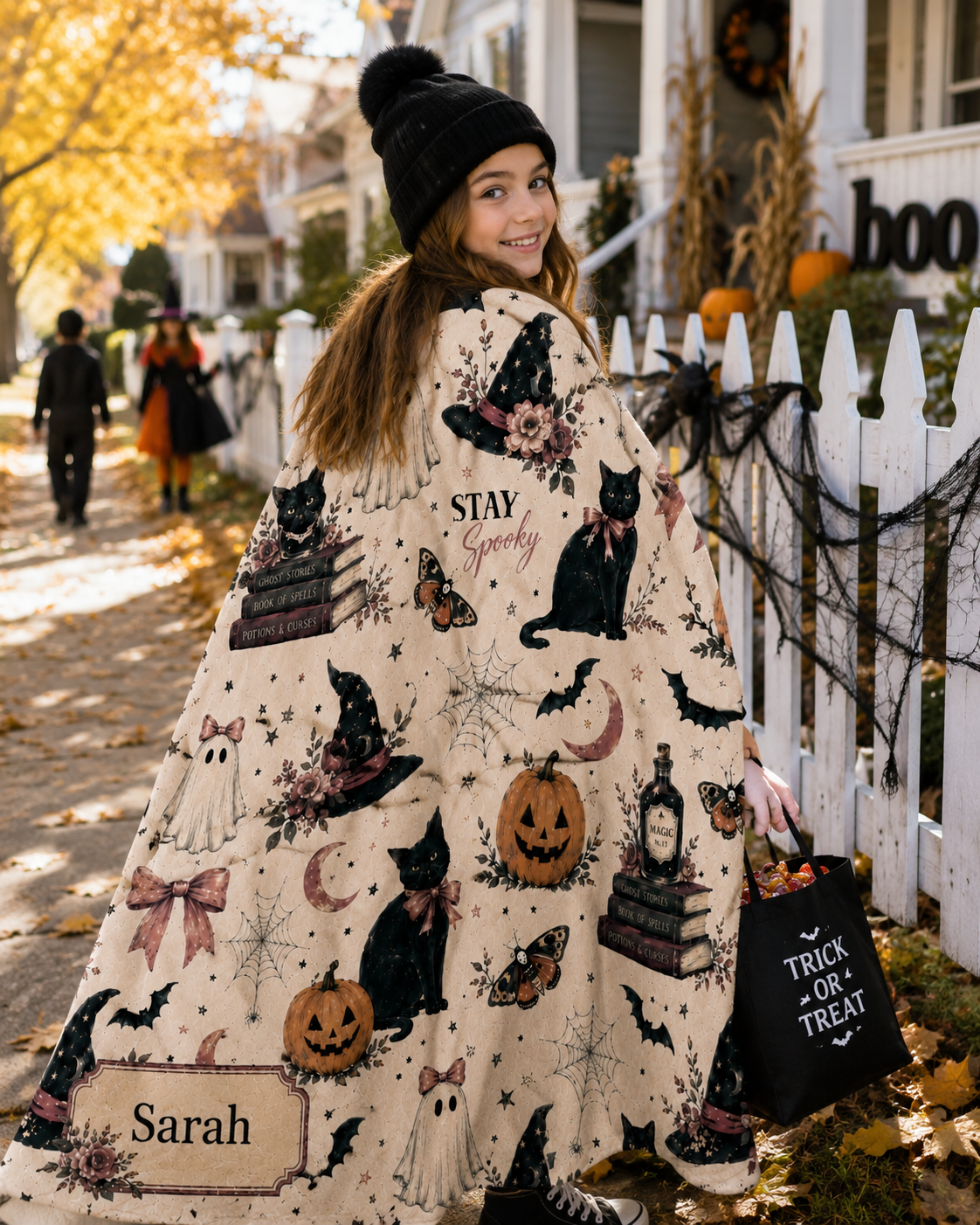 Personalized Vintage Halloween Blanket – Spooky Cute Ghost & Black Cat Fall Blanket