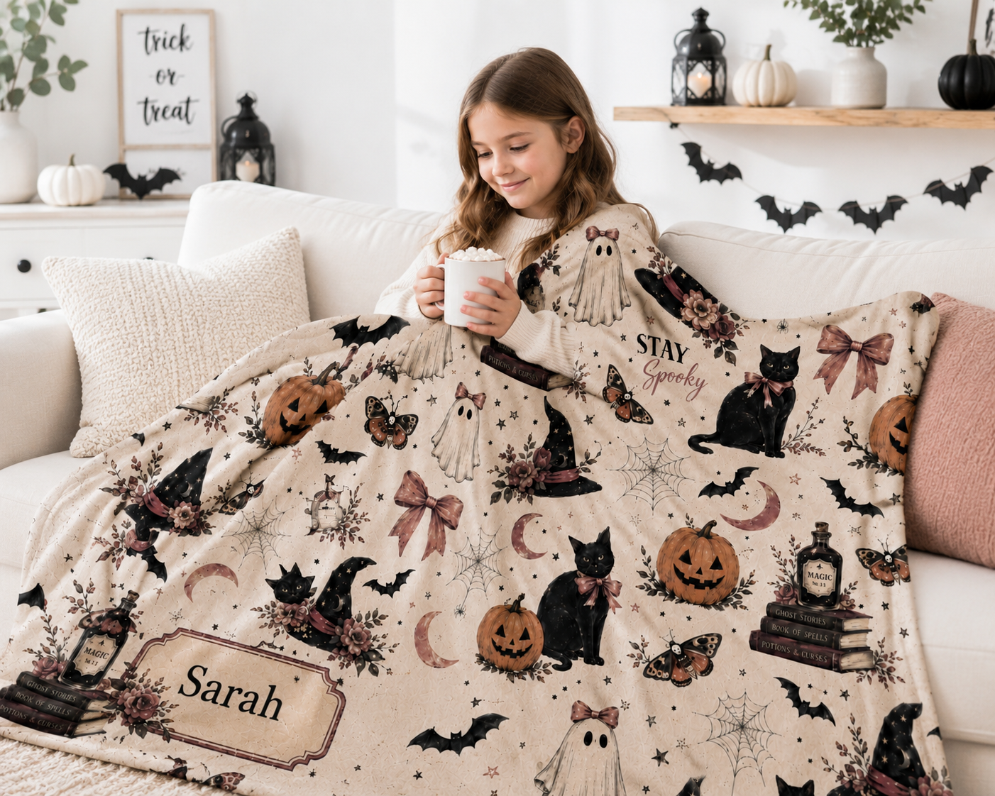 Personalized Vintage Halloween Blanket – Spooky Cute Ghost & Black Cat Fall Blanket