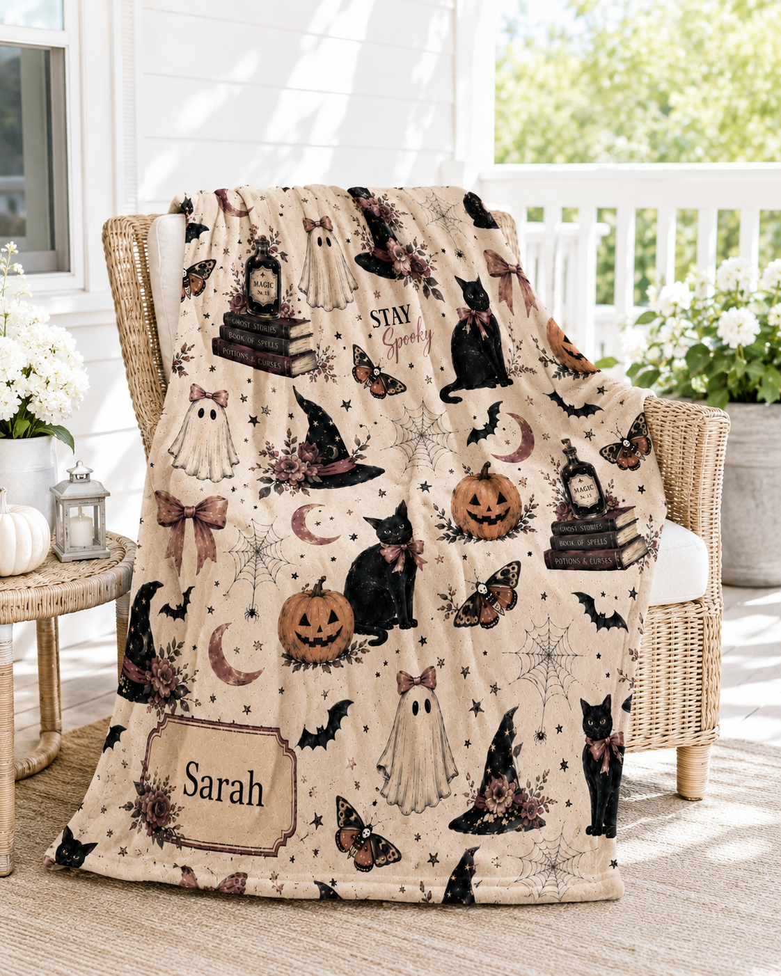 Personalized Vintage Halloween Blanket – Spooky Cute Ghost & Black Cat Fall Blanket