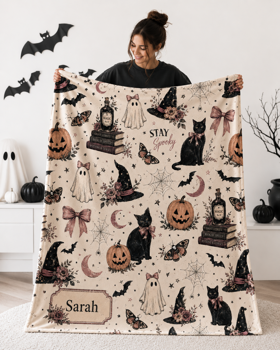 Personalized Vintage Halloween Blanket – Spooky Cute Ghost & Black Cat Fall Blanket