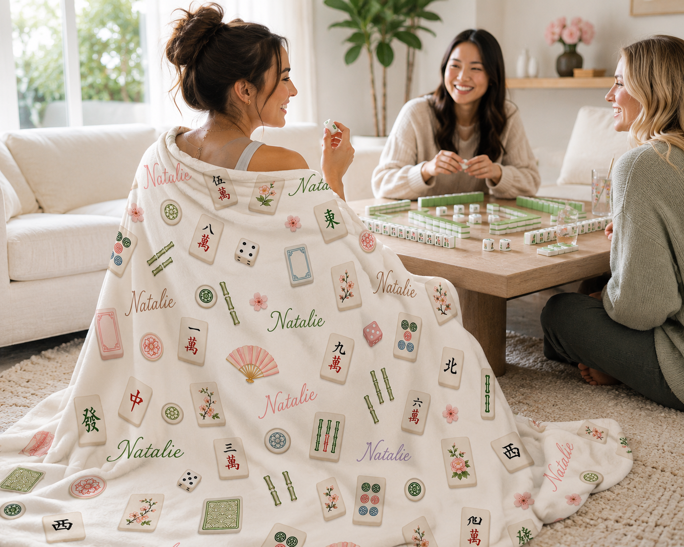 Personalized Mahjong Velveteen Plush Blanket, Female Mahjong Player Name Blanket, Mahjong Lover Gift For Her, Custom Name Blanket Mahjong