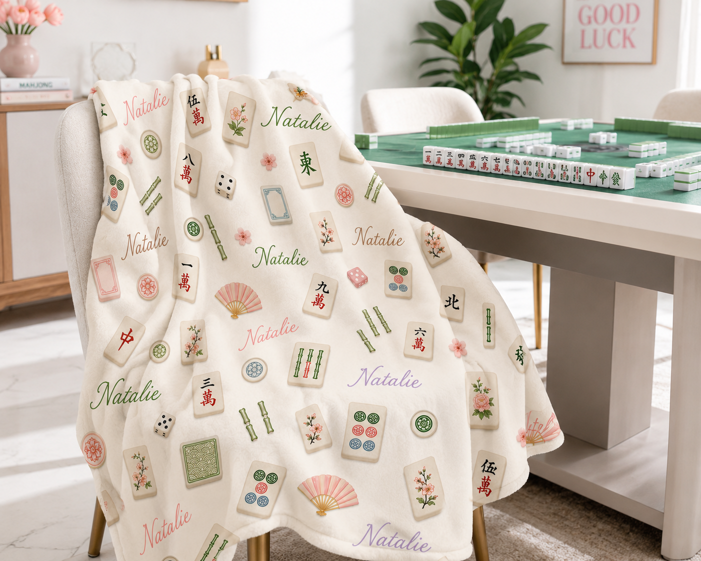 Personalized Mahjong Velveteen Plush Blanket, Female Mahjong Player Name Blanket, Mahjong Lover Gift For Her, Custom Name Blanket Mahjong
