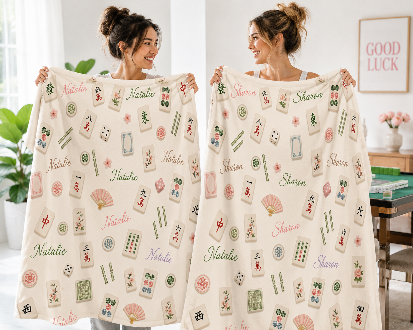 Personalized Mahjong Velveteen Plush Blanket, Female Mahjong Player Name Blanket, Mahjong Lover Gift For Her, Custom Name Blanket Mahjong