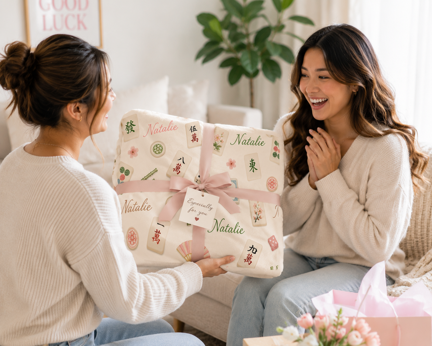 Personalized Mahjong Velveteen Plush Blanket, Female Mahjong Player Name Blanket, Mahjong Lover Gift For Her, Custom Name Blanket Mahjong