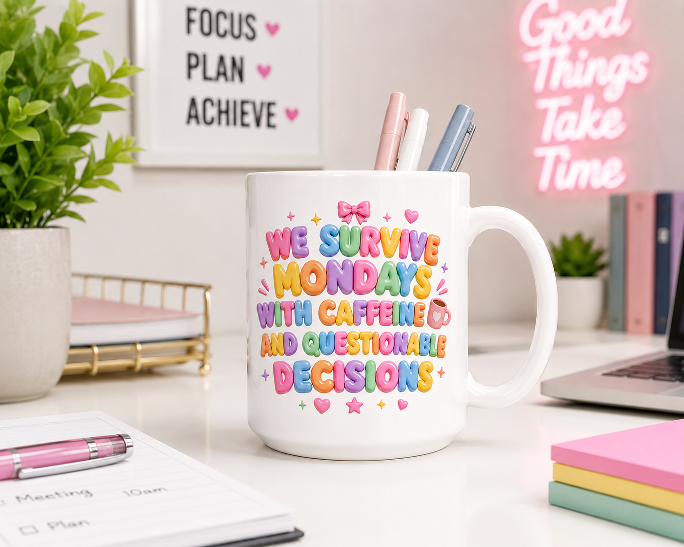 We Survive Mondays With Caffeine and Questionable Decisions Mug | Ceramic Coffee Cup