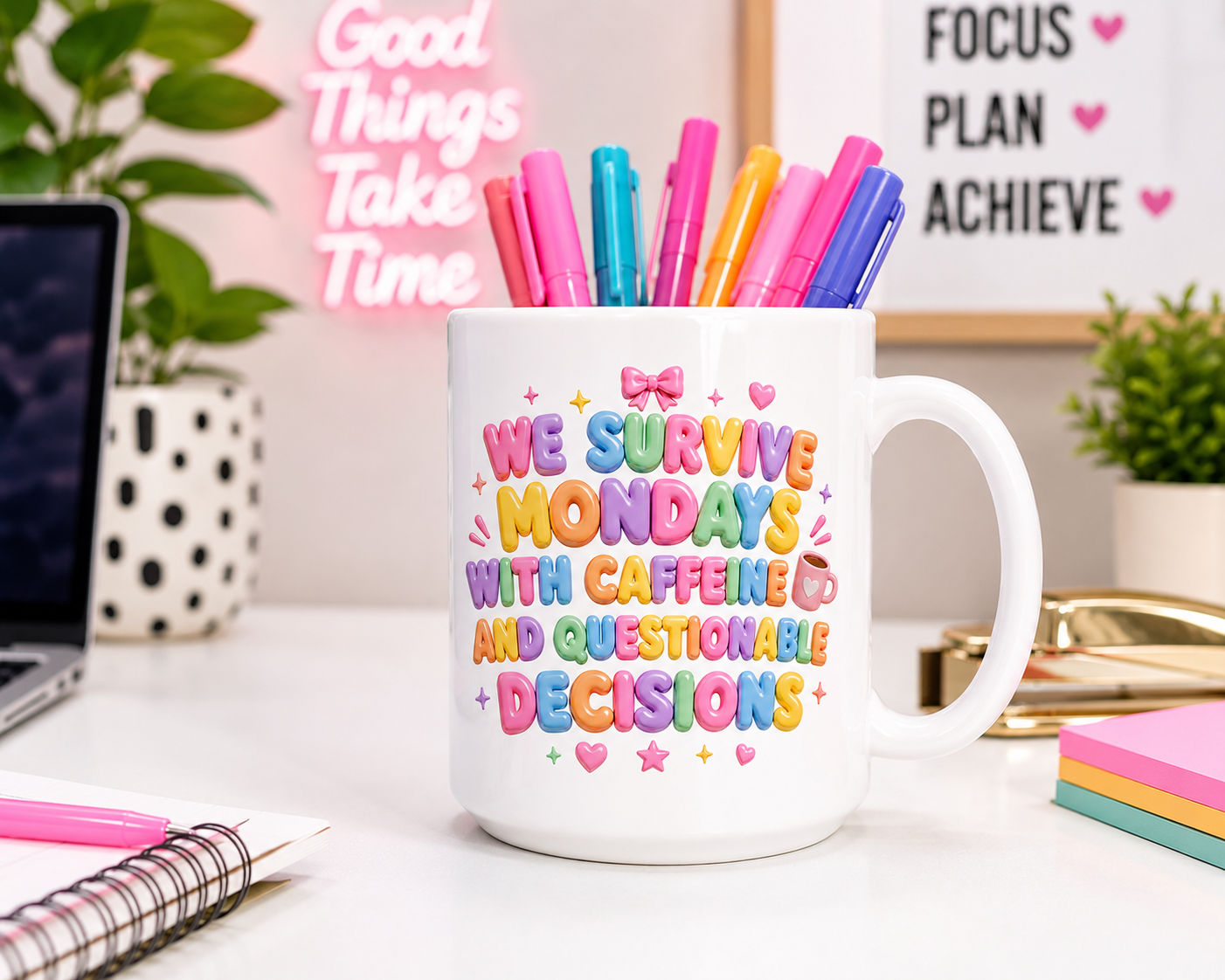We Survive Mondays With Caffeine and Questionable Decisions Mug | Ceramic Coffee Cup