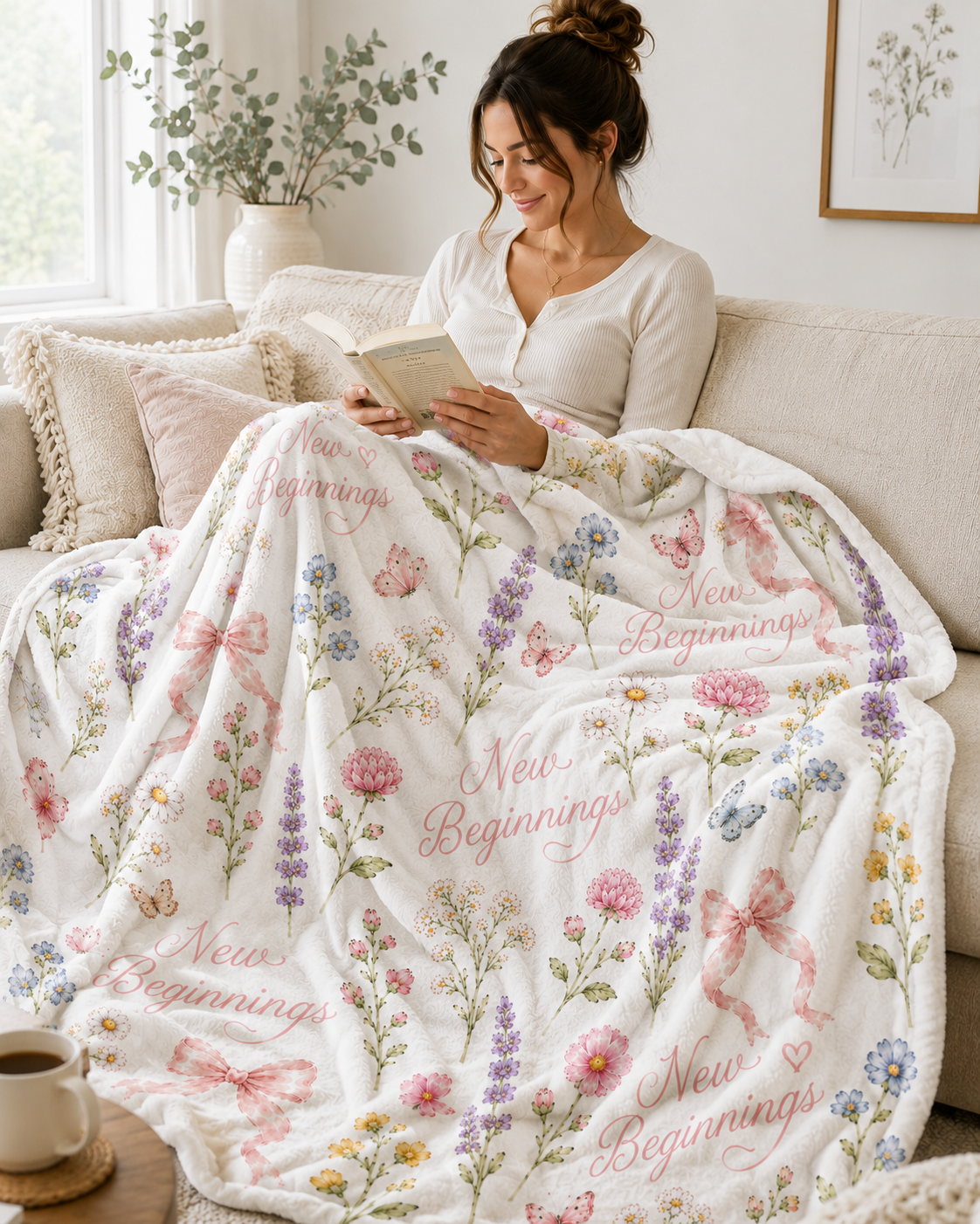 New Beginnings Floral Pattern Velveteen Plush Blanket | Pastel Flowers, Bows & Butterflies