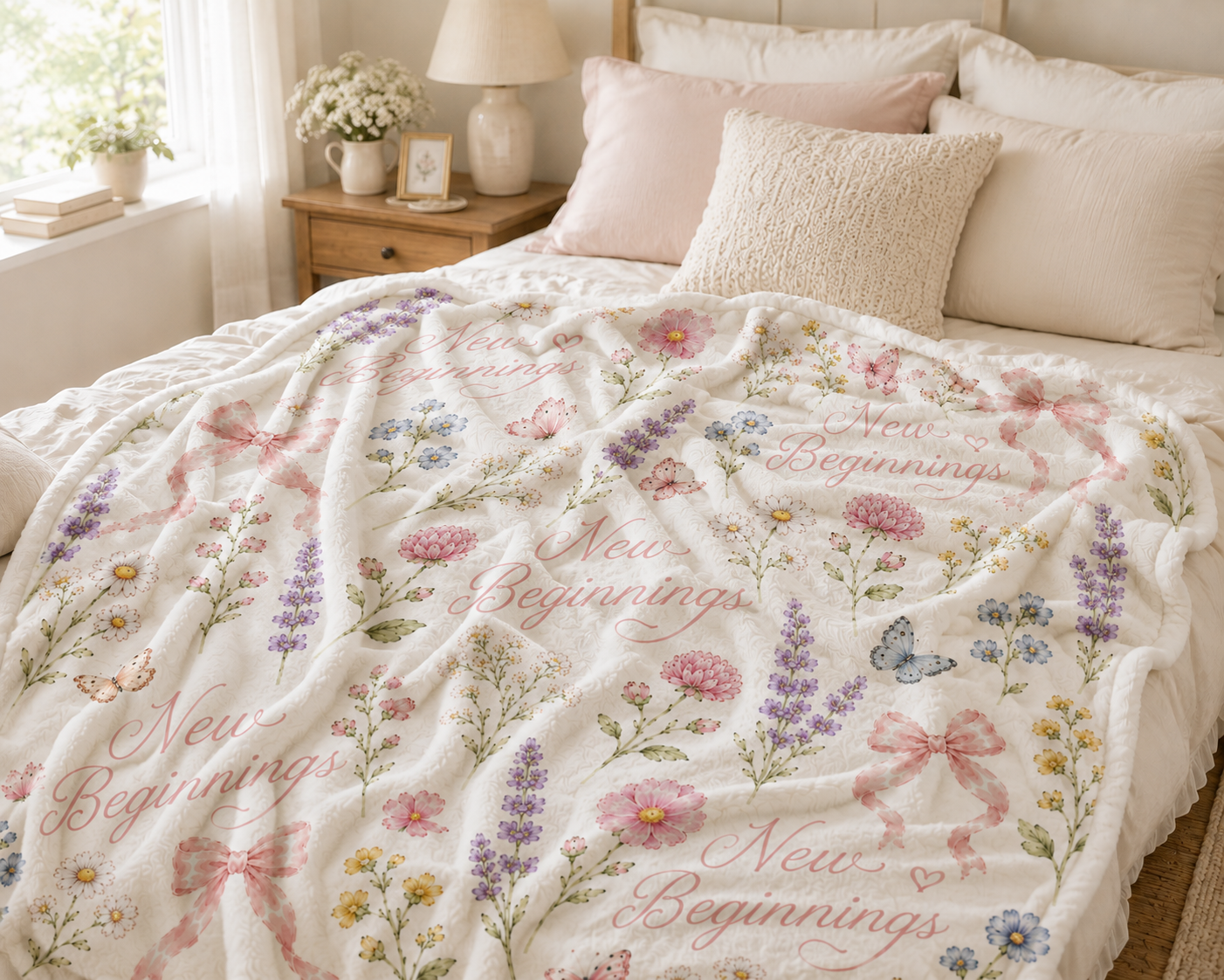 New Beginnings Floral Pattern Velveteen Plush Blanket | Pastel Flowers, Bows & Butterflies