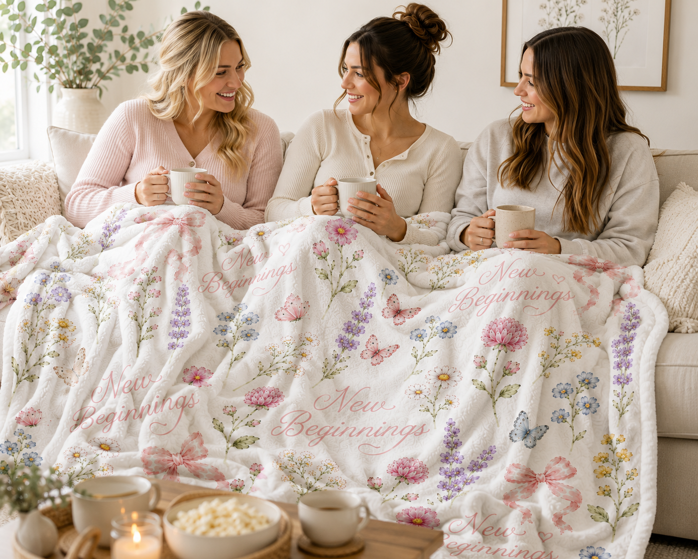 New Beginnings Floral Pattern Velveteen Plush Blanket | Pastel Flowers, Bows & Butterflies