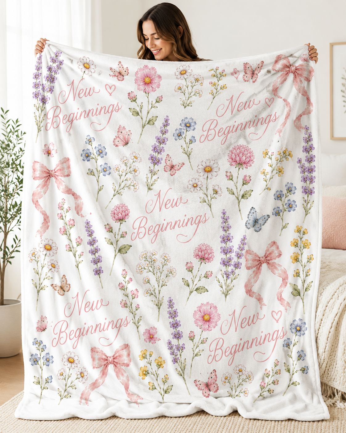 New Beginnings Floral Pattern Velveteen Plush Blanket | Pastel Flowers, Bows & Butterflies