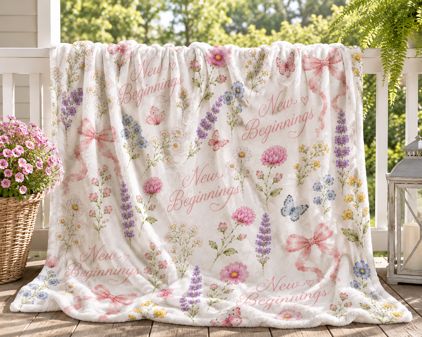 New Beginnings Floral Pattern Velveteen Plush Blanket | Pastel Flowers, Bows & Butterflies