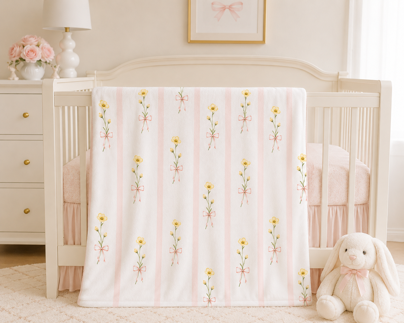 Yellow Wildflower Stripes Blanket | Floral Velveteen Plush Throw