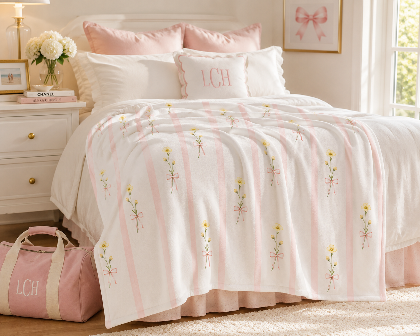 Yellow Wildflower Stripes Blanket | Floral Velveteen Plush Throw