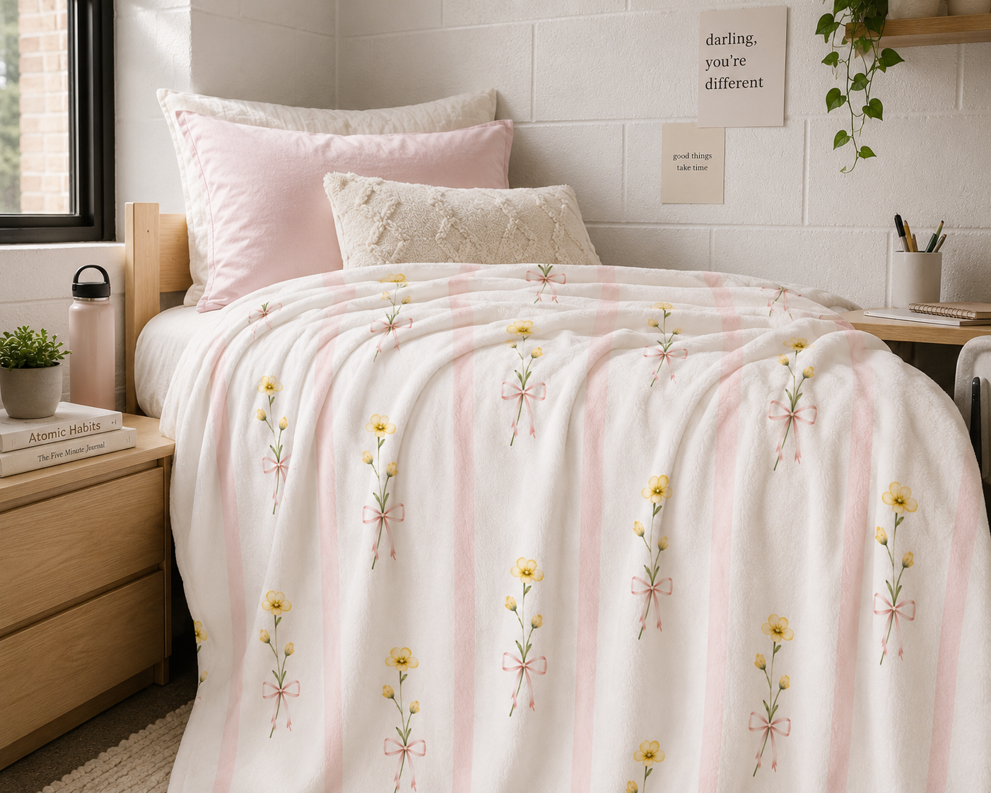 Yellow Wildflower Stripes Blanket | Floral Velveteen Plush Throw