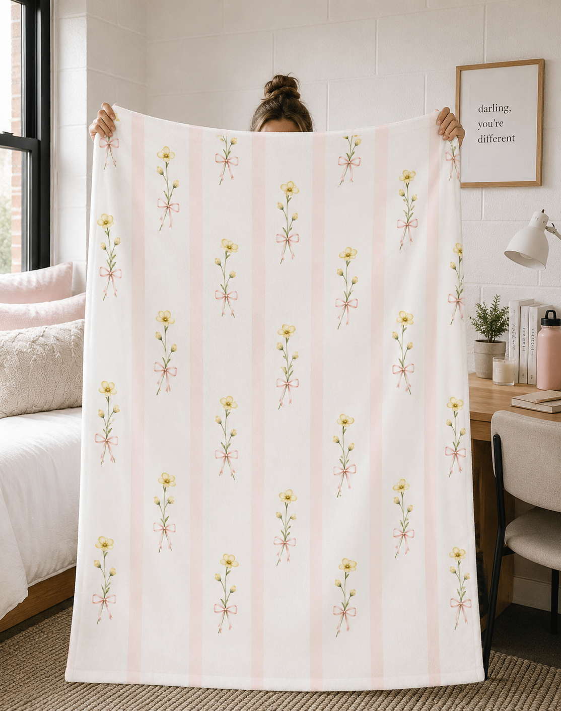 Yellow Wildflower Stripes Blanket | Floral Velveteen Plush Throw