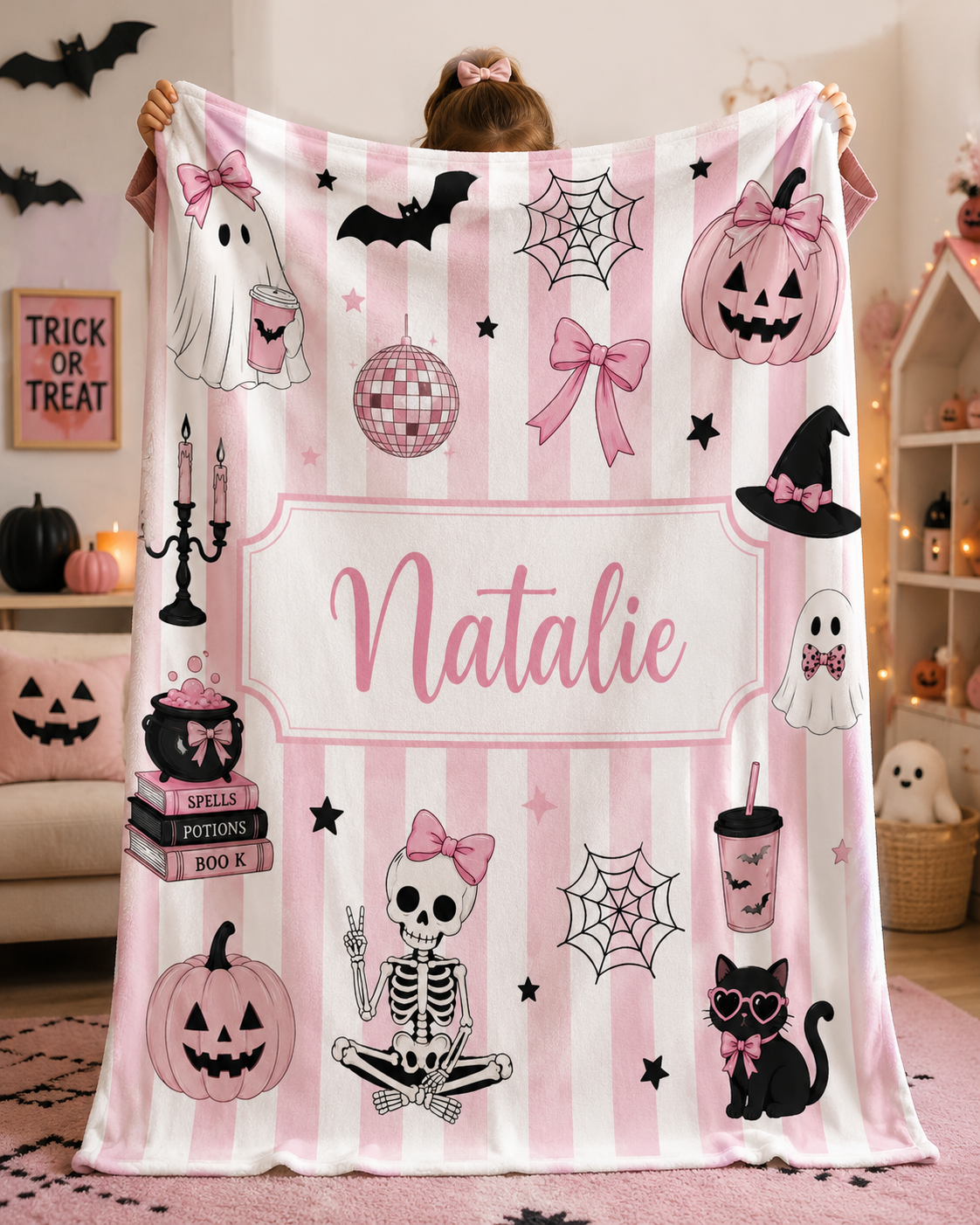 Personalized Pink Stripe Halloween Velveteen Plush Blanket For Girl
