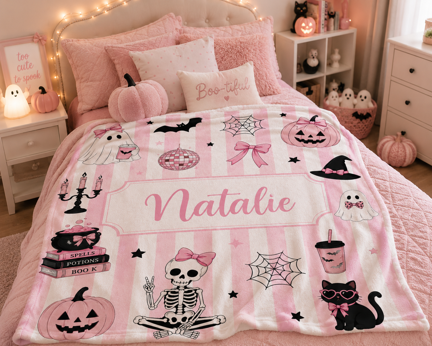 Personalized Pink Stripe Halloween Velveteen Plush Blanket For Girl