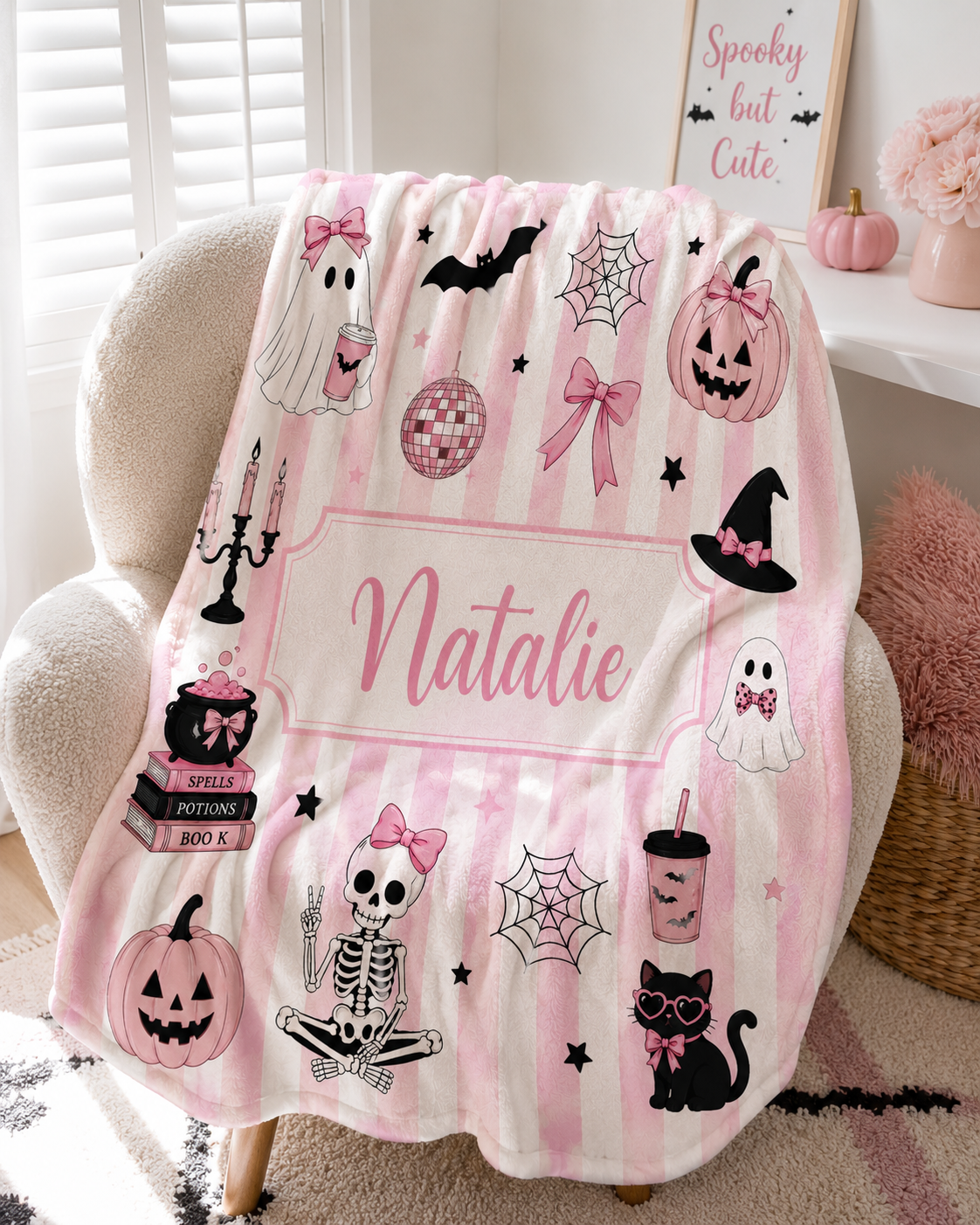 Personalized Pink Stripe Halloween Velveteen Plush Blanket For Girl