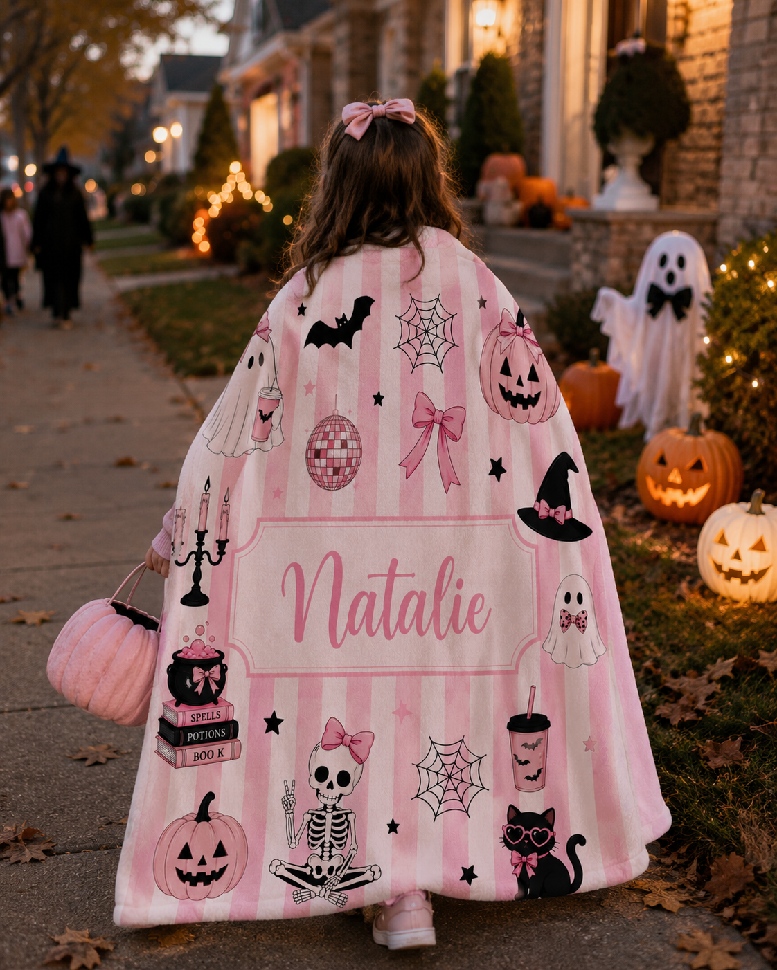 Personalized Pink Stripe Halloween Velveteen Plush Blanket For Girl