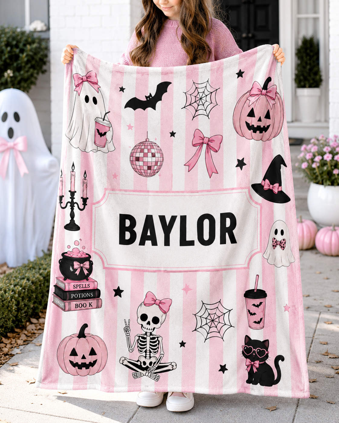 Personalized Pink Stripe Halloween Velveteen Plush Blanket For Girl