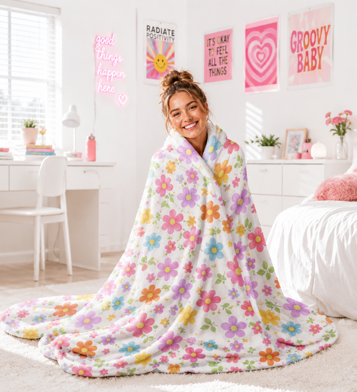 Colorful Retro Groovy Flower Blanket