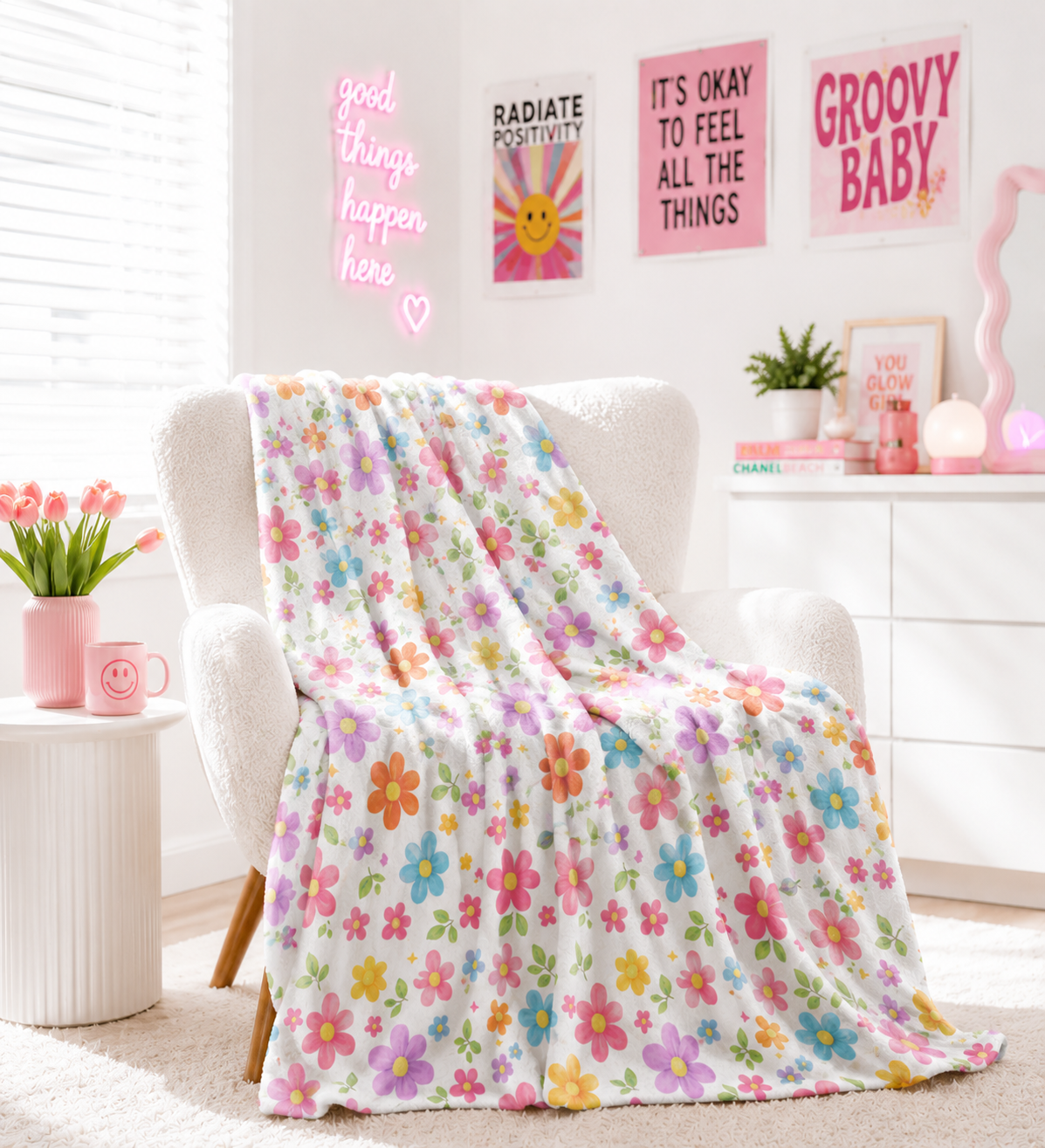 Colorful Retro Groovy Flower Blanket