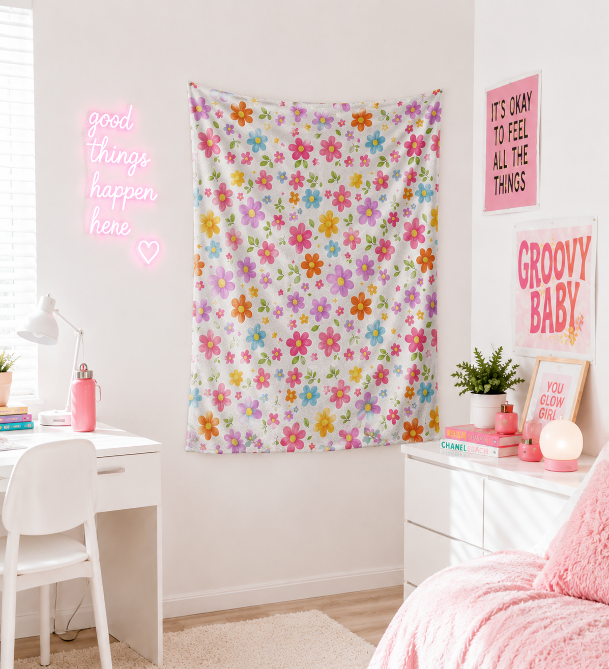 Colorful Retro Groovy Flower Blanket