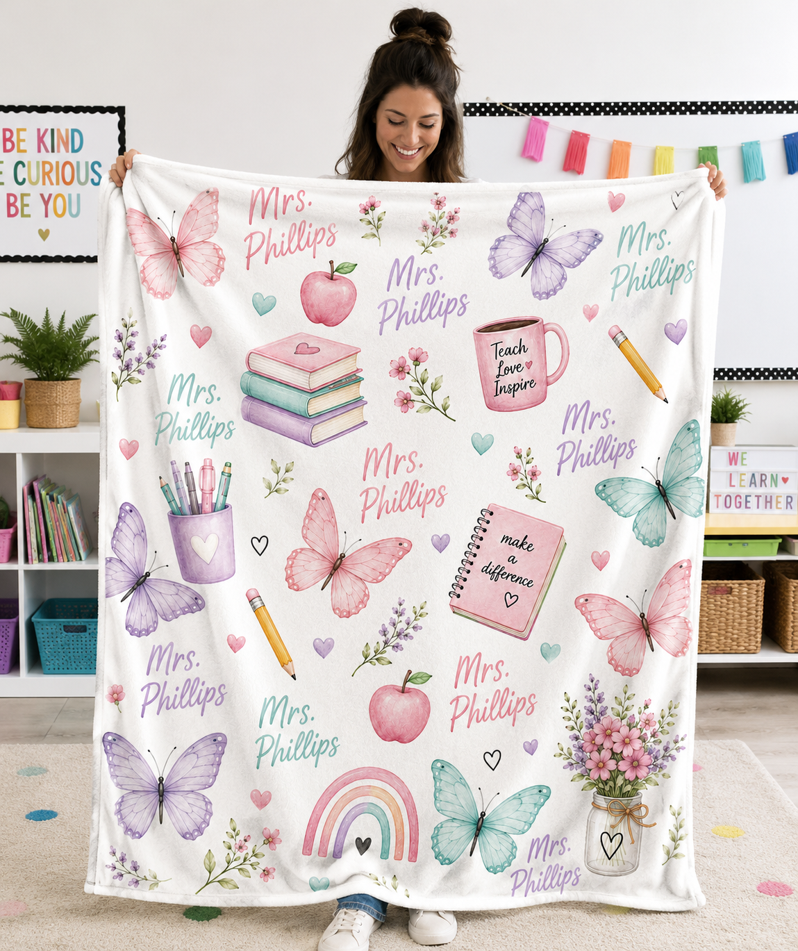 Personalized Teacher Blanket with Name – Custom Butterfly Velveteen Throw Blanket