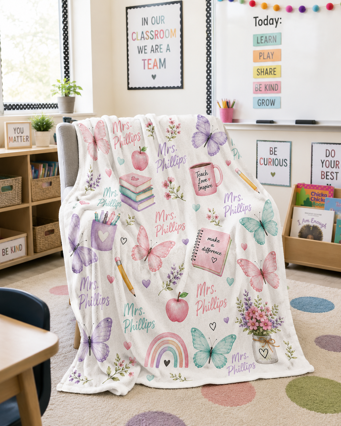 Personalized Teacher Blanket with Name – Custom Butterfly Velveteen Throw Blanket