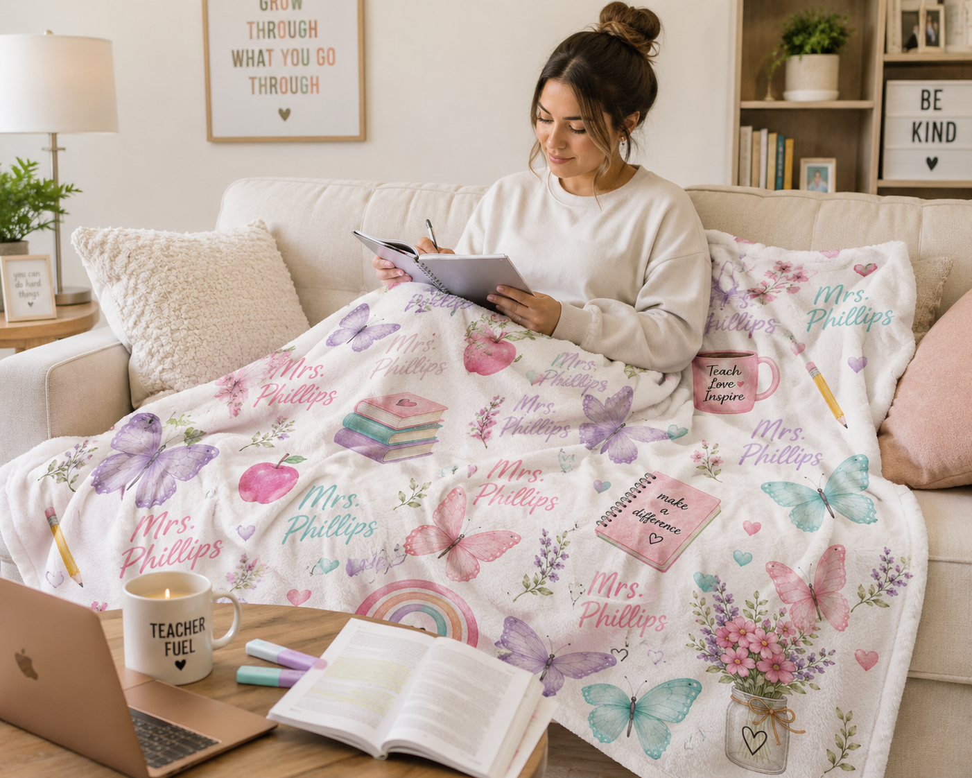 Personalized Teacher Blanket with Name – Custom Butterfly Velveteen Throw Blanket