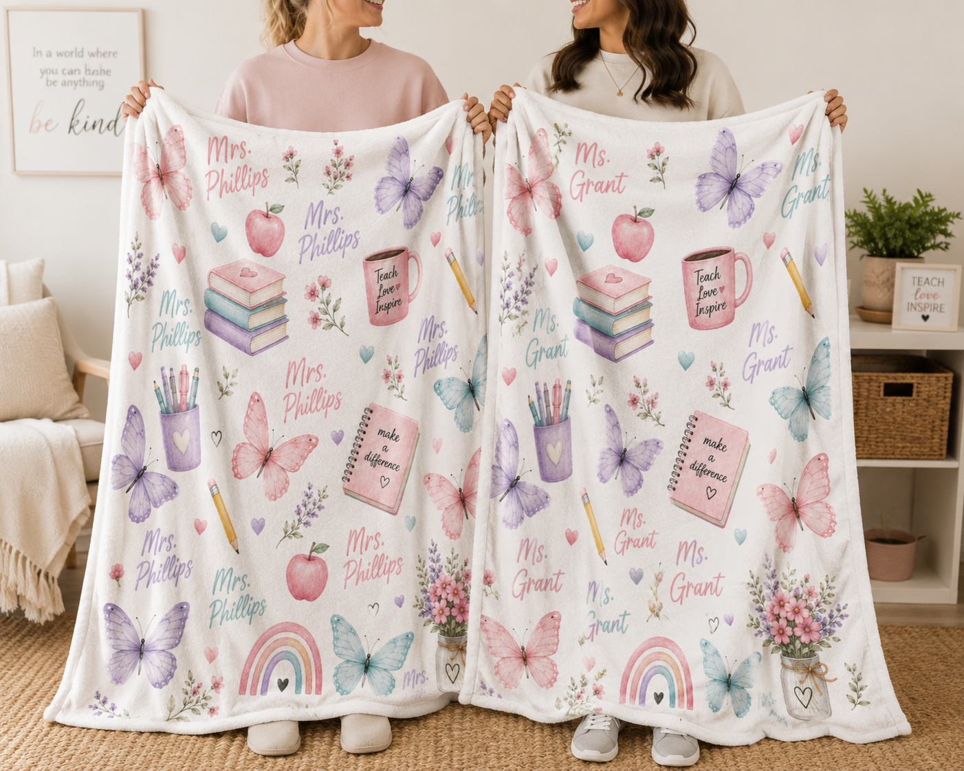 Personalized Teacher Blanket with Name – Custom Butterfly Velveteen Throw Blanket