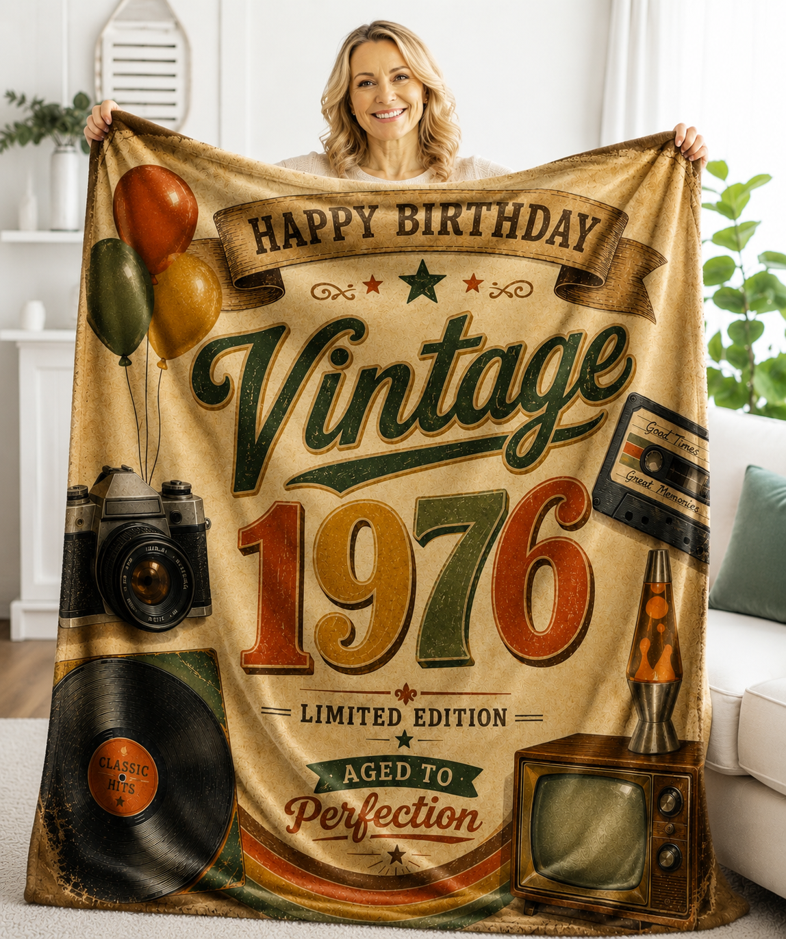 Vintage 1976 Birthday Velveteen Plush Blanket