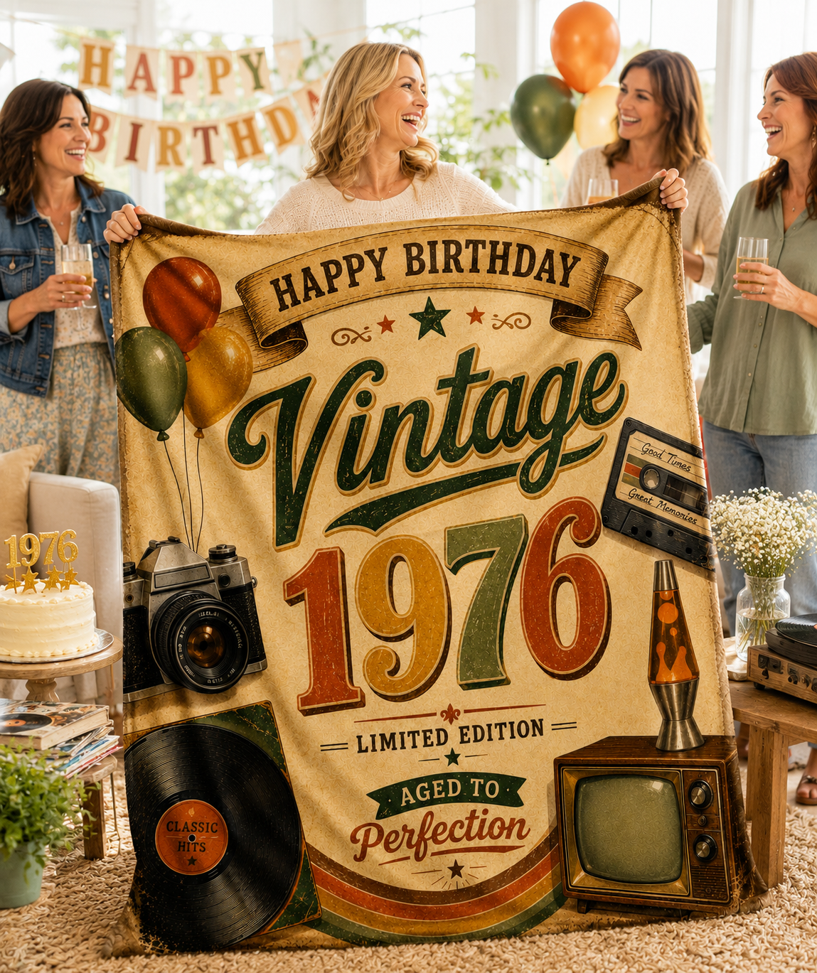 Vintage 1976 Birthday Velveteen Plush Blanket