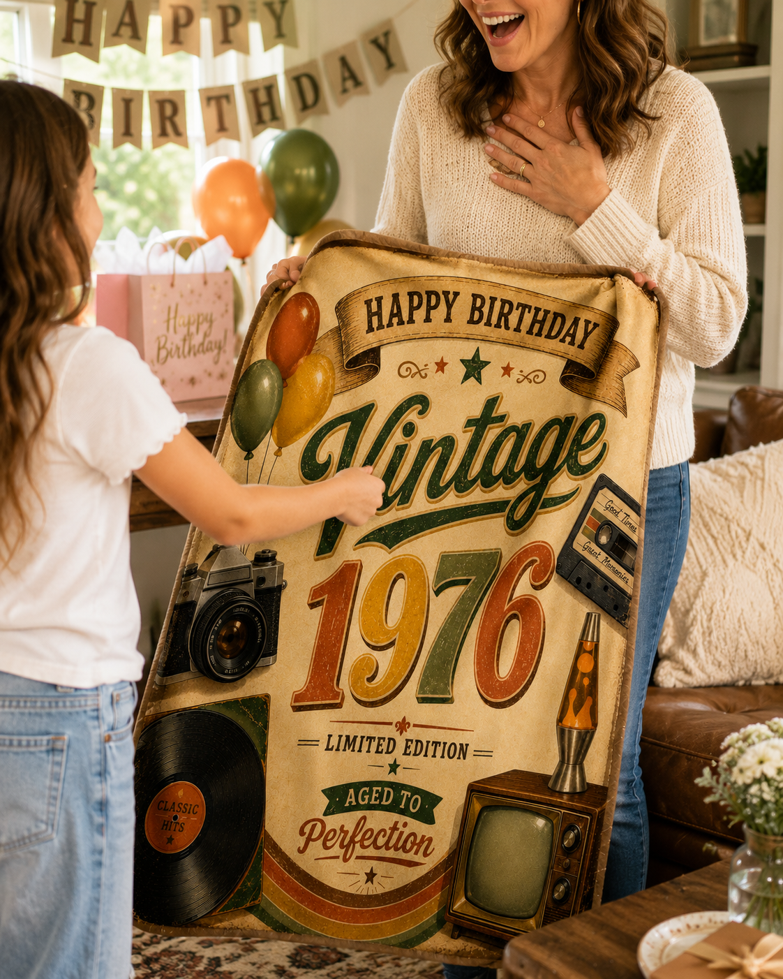 Vintage 1976 Birthday Velveteen Plush Blanket