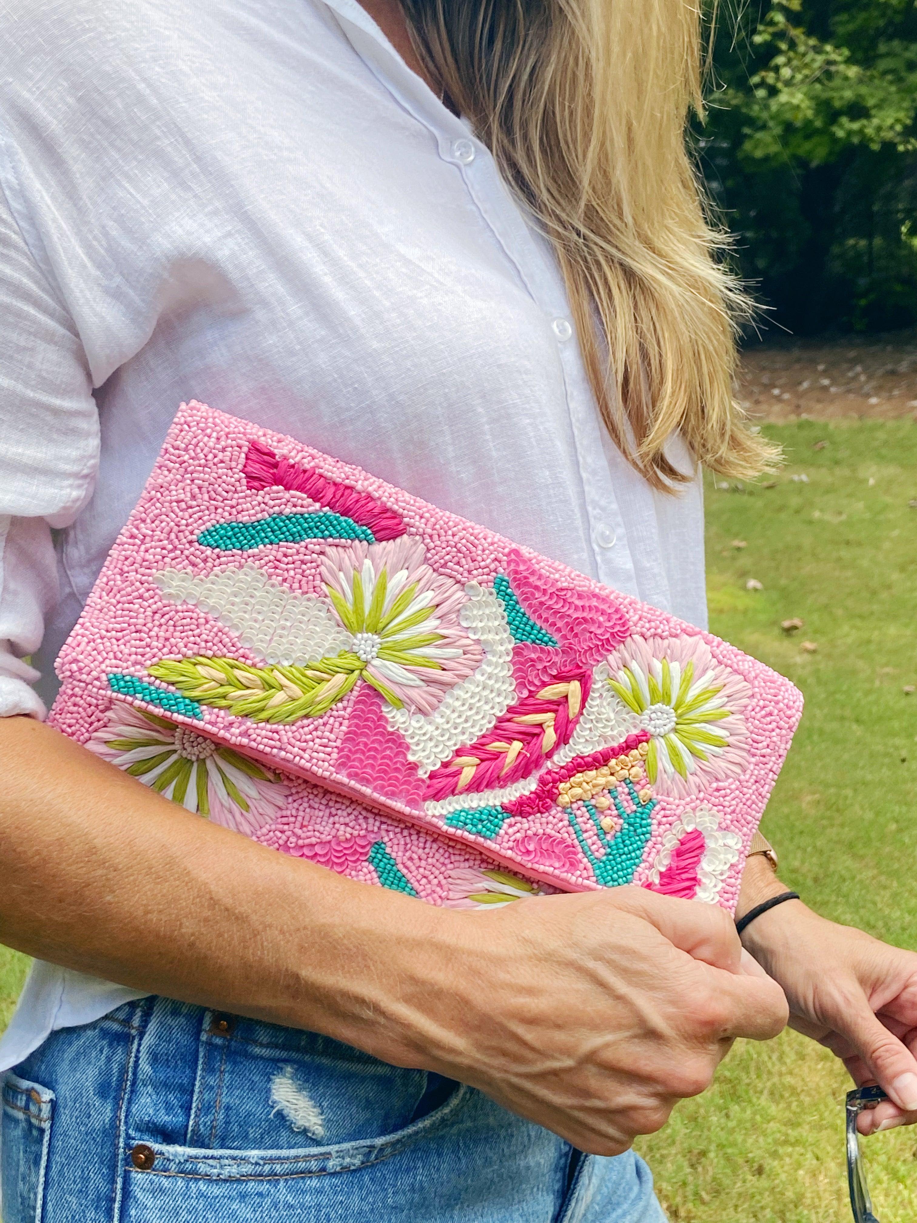Pink Tropical Beaded Clutch - Mkay Style